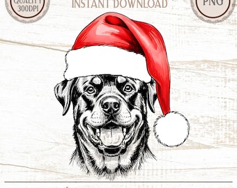 May include: A black and white illustration of a Rottweiler dog wearing a red Santa hat with a white trim and pom-pom. The image is labeled "The Fickle Pixel" and is suitable for t-shirts, mugs, stickers, pillows, and more.