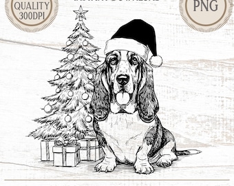Basset Hound - Gorro de Papá Noel (Navidad) Clipart PNG / Arte de raza de perro festivo / Descarga instantánea / Diseño de camisetas / Uso comercial