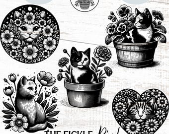Pakiet Floral Cat PNG, pliki Laser i Cricut