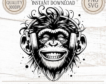 Op de afbeelding: Zwart-wit illustratie van een lachende aap met een koptelefoon. De afbeelding bevat tekst: "The Fickle Pixel INSTANT DOWNLOAD" en "Great for T-Shirts, Mugs, Stickers, Pillows and More."