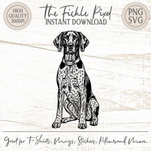 May include: Black and white illustration of a seated dog with a collar. The image includes the text "The Fickle Pixel INSTANT DOWNLOAD" and "Great for T-Shirts, Mugs, Stickers, Pillows and More."