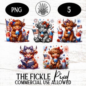 Patriotic Highland Cow Clipart, Memorial Day clipart, 4th of July, Baby Highland Cow PNG, American Clipart, Digital Download, Commercial Use