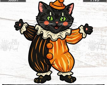 りょうちゃん様予約 絵画「猫の背中にハロウィン／小鳥ブレーメンハロウィン」 レトロなハロウィン黒猫ピエロPNG | 1950年代のヴィンテージ