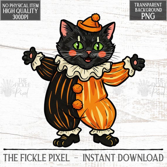 レトロなハロウィン黒猫ピエロPNG | 1950年代のヴィンテージ