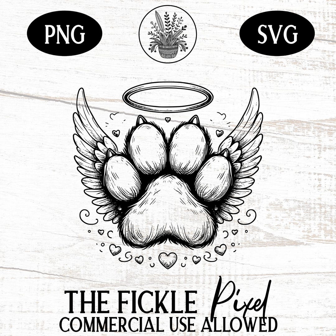 Paw Print Angel Wings With Halo Hearts Svg Png, Pet Memorial Vector ...