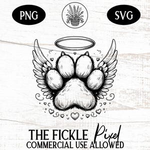 Könnte beinhalten: Schwarzweiß-Illustration eines Pfotenabdrucks mit Engelsflügeln und einem Heiligenschein darüber. Der Text "THE FICKLE Pixel COMMERCIAL USE ALLOWED" befindet sich unter dem Pfotenabdruck.