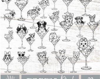 May include: Black and white illustration of various dog breeds in martini glasses, each adorned with a bow. The image includes the text "THE FICKLE Pixel COMMERCIAL USE ALLOWED" and "23 PNG".