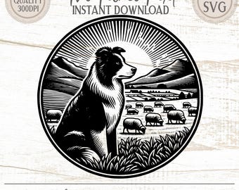 Può includere: Grafica circolare in bianco e nero con un cane Border Collie che osserva un gregge di pecore in un campo, con montagne sullo sfondo. Il testo "The Fickle Pixel" e "Instant Download" sono in alto. Adatto per magliette, tazze e adesivi.