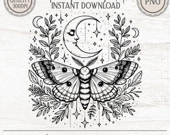 Celestial Moth PNG Clipart | Mystical Moon Botanical Sketch | Vintage Nature Spiritual Design Digital Download