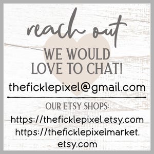 K&ouml;nnte beinhalten: Grafik mit den Worten "reach out" in Schreibschrift &uuml;ber einem Herz. Darunter steht "WE WOULD LOVE TO CHAT!" und eine E-Mail-Adresse. Etsy-Shop-URLs sind unten aufgef&uuml;hrt.