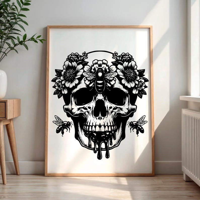 Botanical Skull file PNG Graphic Bundle, Floral Skull, Dark Academia, Skull Bee cut file, Skull Goblin Core, Commercial License