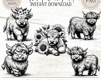 Floral Baby Highland Cow PNG Clipart Bundle, Cricut and Laser Cutting Files (Digital Download)