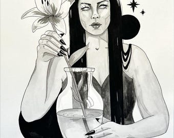 Retrato de mujer mística en acuarela original – Brujería – Arte espiritual – Arte mural expresivo – Poder femenino – Pieza única