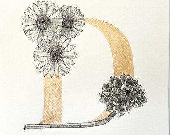 Personalisierte Initiale Tinte – Handgemalter Buchstabe mit Gold/Silber & Blumen/Tier – Individuelle Namenskunst – Geschenk Idee – Unikat