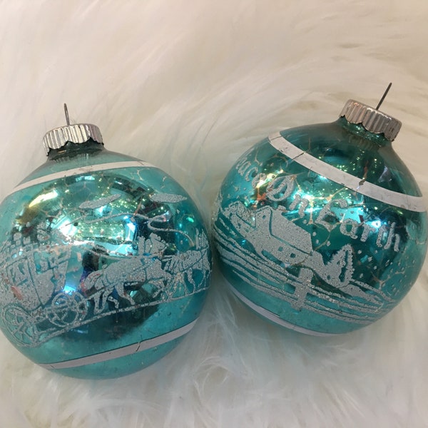 1950's Shiny Brite Aqua Blue Glass Christmas Ornaments Peace on Earth