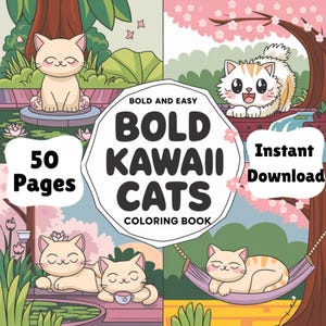 Kawaii Cat Coloring Book Printable, Cute Kitty Coloring Pages PD, Digital Download Cat Art for Kids, Teens & Adults – 50 Pages