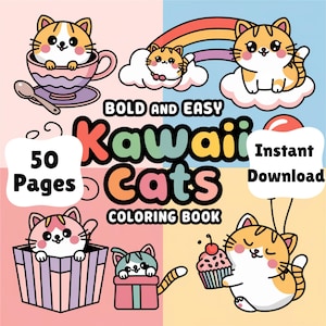 Kawaii Cat Coloring Book Printable, Cute Kitty Coloring Pages PD, Digital Download Cat Art for Kids, Teens & Adults – 50 Pages