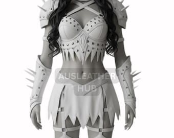 May include: White leather armor set with spiked accents, including a bodice, skirt, arm guards, and shoulder pauldrons. The set features decorative studs and the text "AUSLEATHER HUB".