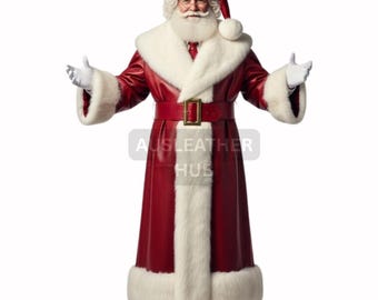 Santa Claus Red Leather Coat with Fur Trim– Christmas Luxury Santa Belted Outfit