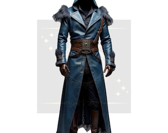 Men's Blue Leather Medieval Assassin Coat: Fur Accents, Ornate Belt