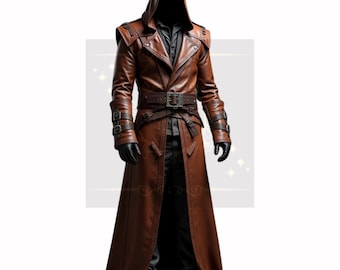 Mantello con cappuccio in pelle marrone fatto a mano: trench in stile steampunk gotico