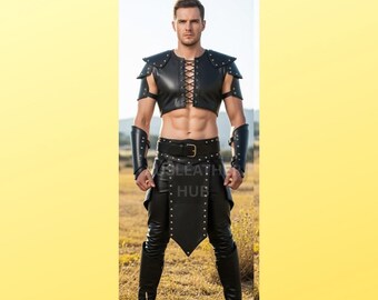 Spiked Black Leather Gladiator Costume: Gothic Fantasy Armor Set