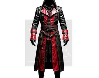 Men&#39;s Gothic Leather Hooded Cloak: Red & Black Steampunk Cosplay