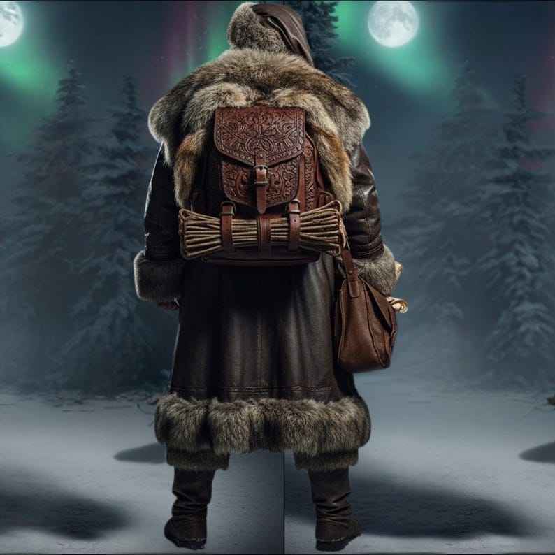 May include: A person wearing a brown leather coat with fur trim and a fur hat, standing in a snowy forest. The person is carrying a brown leather backpack with a carved design and a rolled-up bundle. A brown leather bag hangs from the shoulder.