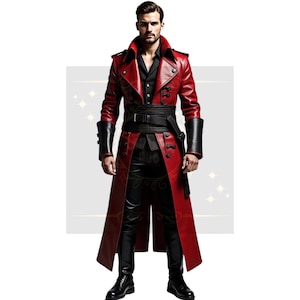 Handcrafted Red Leather Gothic Trench Coat: Steampunk Cosplay Outerwear