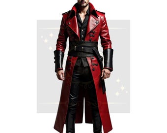 Handcrafted Red Leather Gothic Trench Coat: Steampunk Cosplay Outerwear