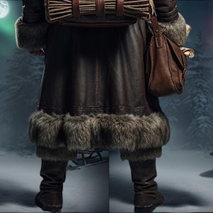 May include: A brown leather coat with fur trim on the cuffs and hem. The coat is worn with matching brown boots. A brown leather satchel hangs from the shoulder. A backpack is visible on the back.