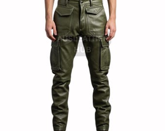 Handmade Olive Green Leather Cargo Pants: Punk Utility Trousers