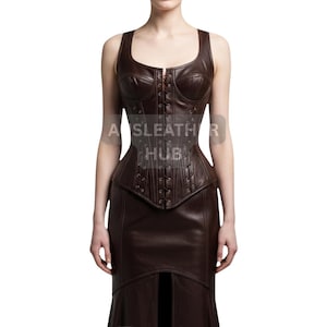 Stylish Brown Corset Dress with Lace-Up Back- Elegant Brown Leather Corset Dress- Sleek Leather Dress with Front Slit- Edgy Party Dress