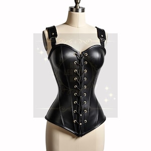 Gothic Elegant Black Leather Corset- Steampunk-Inspired Black Leather Corset- Victorian Leather Corset with Straps n Laces- Edgy Corset