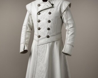 Handmade White Leather Fantasy Coat – Heraldic Embroidery Lions Fleur‑de‑Lis Leather Cosplay Costume