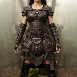 Könnte beinhalten: Ein braunes Lederoutfit mit Schulterpanzerung, einem Oberteil im Korsettstil und einem Rock mit mehreren Schnallen und einer Tasche. Das Outfit umfasst passende Armschützer und kniehohe Stiefel. Das Design deutet auf ein mittelalterliches oder Fantasy-Thema hin.