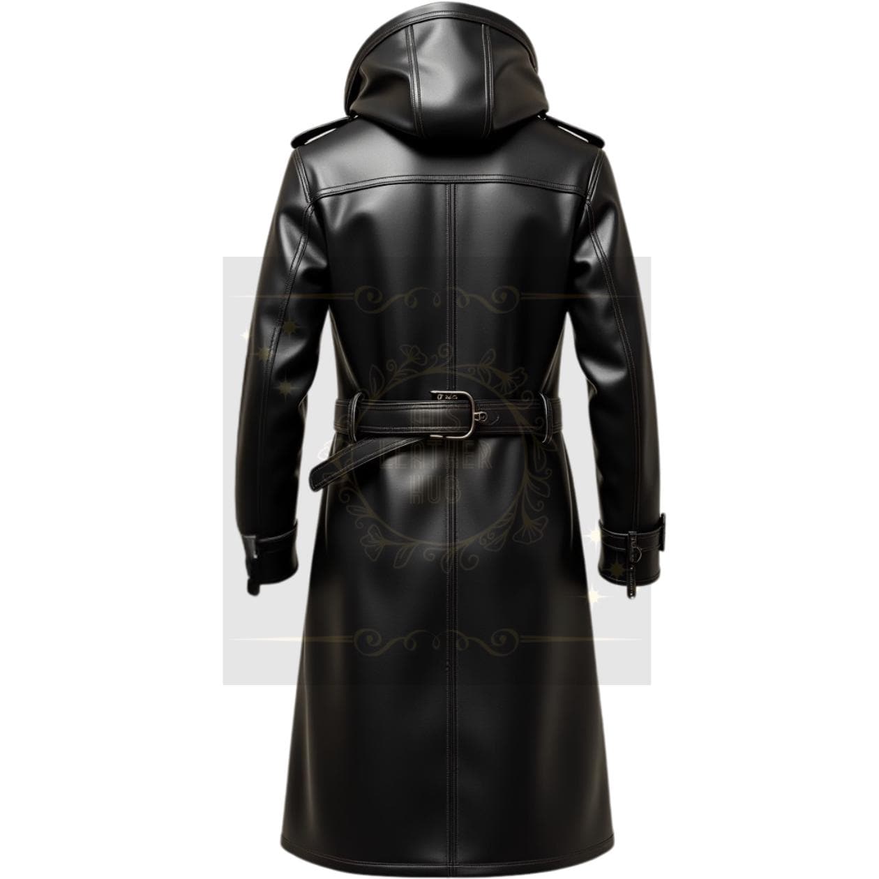 Men's Black Leather Hooded Trench Coat: Double Breasted Belted