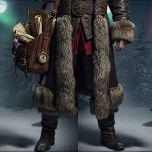 May include: A close-up of a costume with a brown leather coat, fur trim, and a wide belt. A brown leather satchel with maps and a compass hangs from the shoulder. The outfit includes dark brown boots, suggesting a historical or fantasy theme.