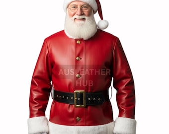 Christmas Holiday Genuine Red Leather Santa Fur Trim Coat