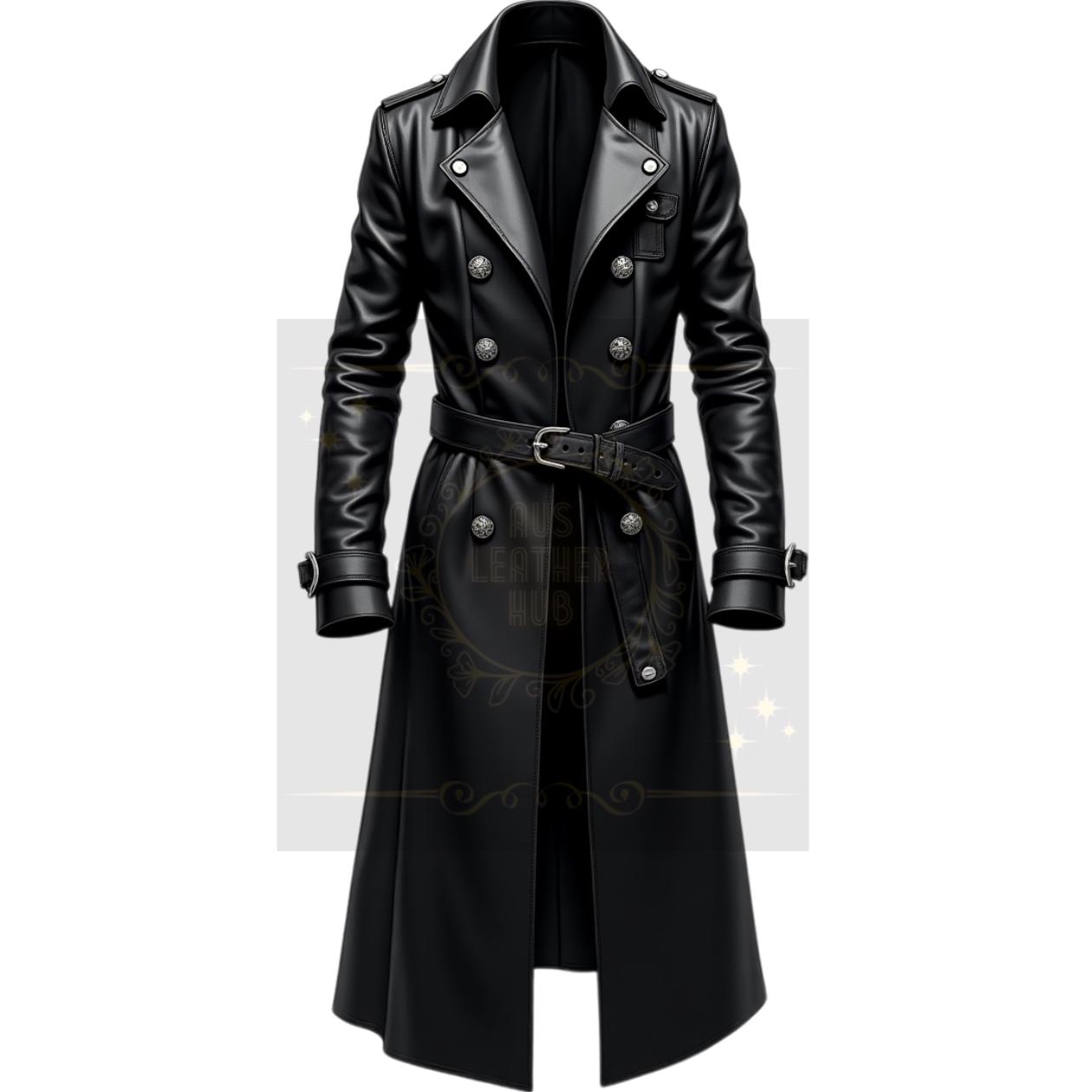 メンズゴシックブラックレザートレンチコート：ダブルブレスト、フル