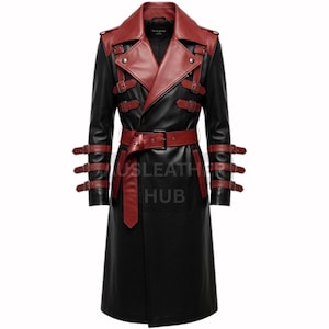 Gothic Punk Black & Red Leather Trench Coat: Buckled Steampunk Outerwear