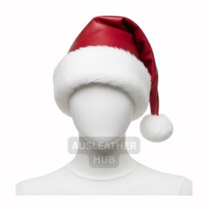 Black Leather Santa Hat: White Fur Trim, Handmade Christmas Hat