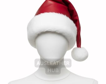 Black Leather Santa Hat: White Fur Trim, Handmade Christmas Hat