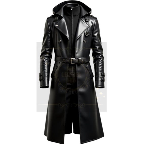 Sobretudo masculino de couro preto com capuz: Jaqueta gótica