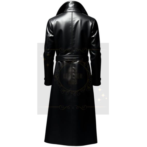 ブラックレザートレンチコート - 光沢のあるロングジャケット（男女