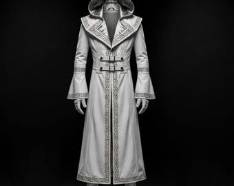 Handmade White Leather Hooded Fantasy Coat – Silver Embroidery Genuine Leather Cosplay Costume