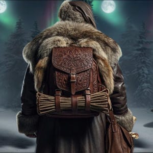 May include: A person wearing a brown leather coat with a fur collar and a brown leather backpack. The backpack has a detailed embossed design and is secured with a buckle. A bundle of rope is strapped to the backpack.