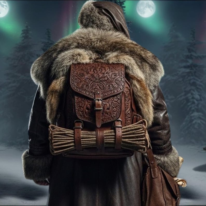 May include: A person wearing a brown leather coat with a fur collar and a brown leather backpack. The backpack has a detailed embossed design and is secured with a buckle. A bundle of rope is strapped to the backpack.