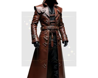 Steampunk Brown Genuine Leather Hooded Cloak: Gothic Buckle Trench Coat