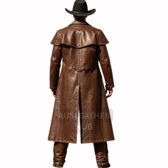 メンズ ブラウンレザー カウボーイ ダスターコート＆パンツ